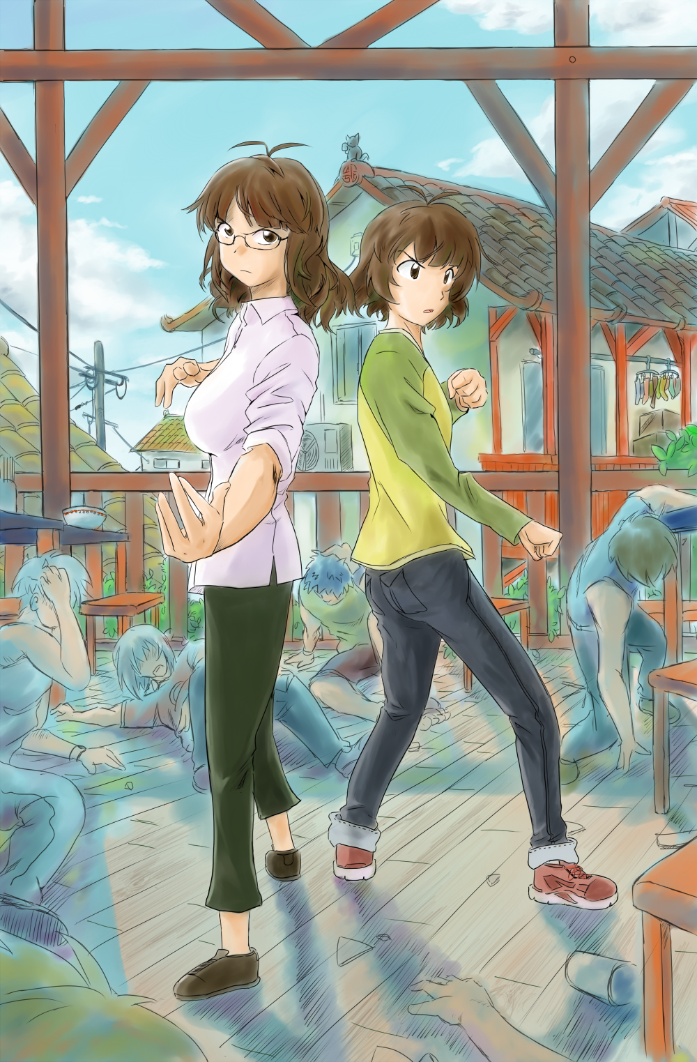 akizuki_ritsuko, akizuki_ryou, antenna_hair, back-to-back, beaten, breasts, broken_glass, brown_hair