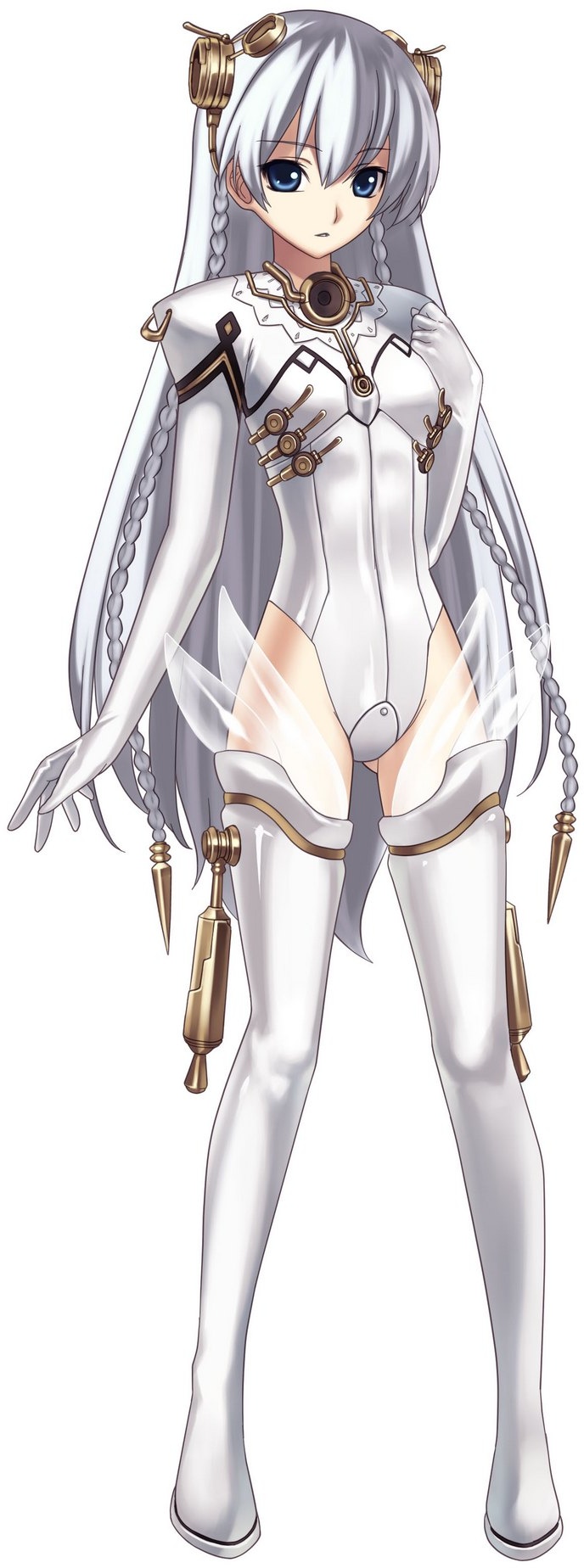 ar_tonelico, ar_tonelico_i, blue_eyes, bodysuit, boots, braid, cross_edge, full_body, gust, hair_ornament, highres, hirano_katsuyuki, long_hair, official_art, shurelia, solo, thigh-highs, thigh_boots, thighhighs, very_long_hair, white_hair, white_legwear