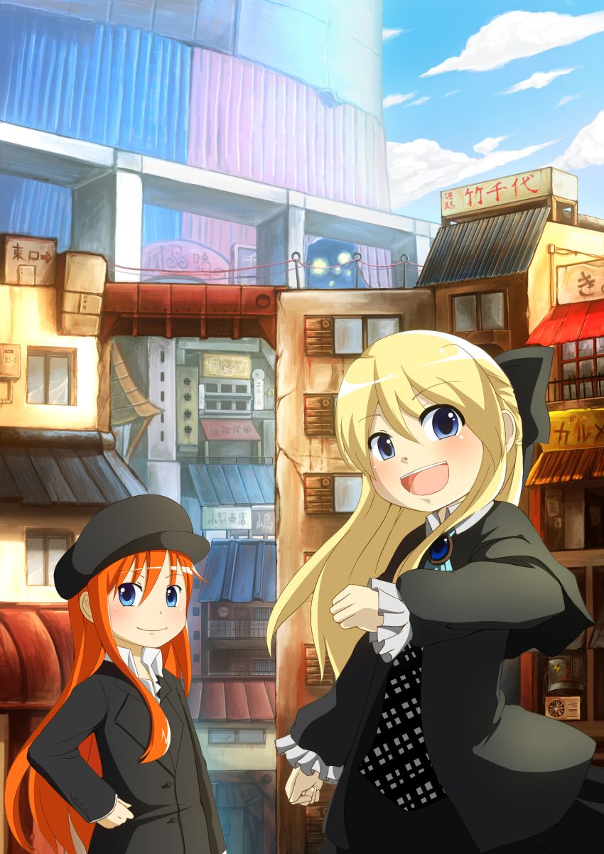 absurdres, aqua_eyes, ascot, blonde_hair, blue_eyes, bow, building, city
