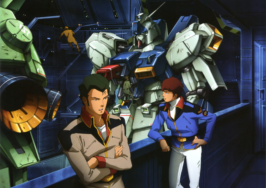 amuro_ray, bright_noa, brown_hair, char's_counterattack, char's_counterattack, gundam, hangar, highres, jegan, mecha, military, military_uniform, oldschool, re-gz, science_fiction, uniform