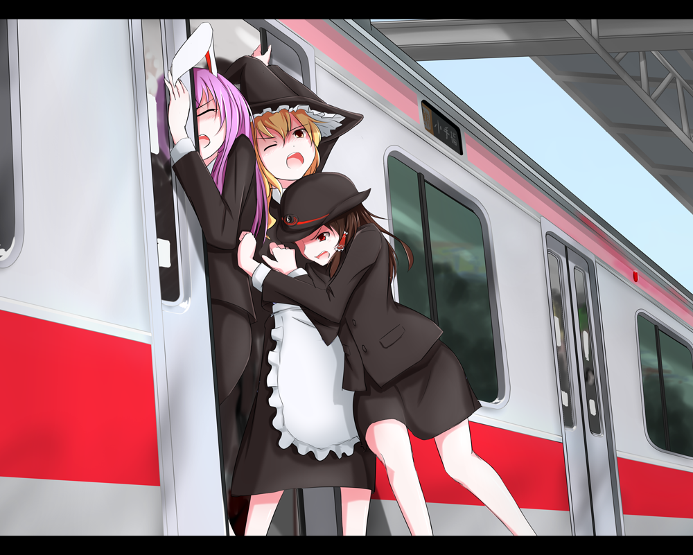 akizuki_rito, alternate_costume, animal_ears, apron, black_hair, blonde_hair, bunny_ears, closed_eyes