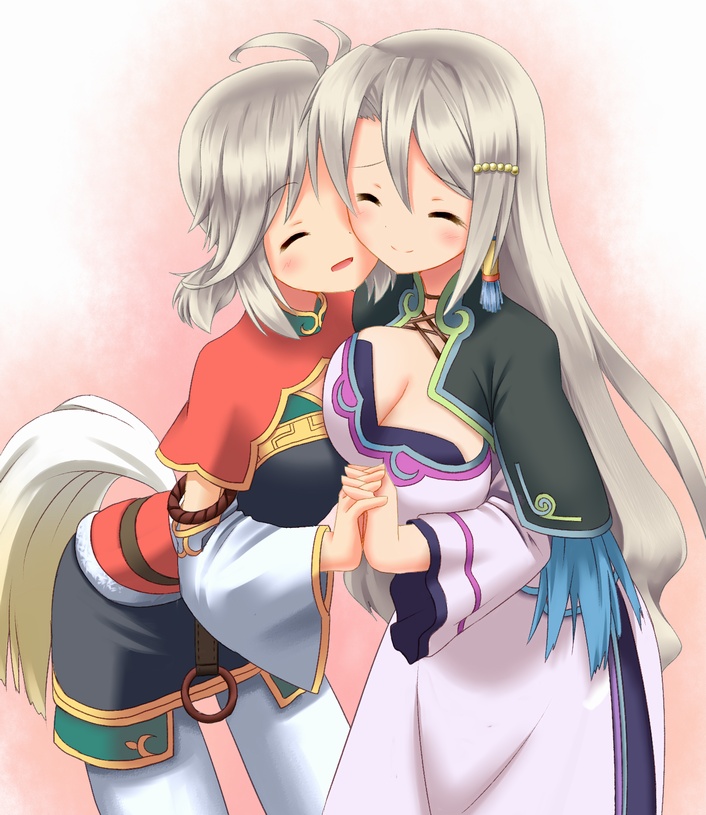 akeyama, breast_press, breasts, cleavage, closed_eyes, eyes_closed, interlocked_fingers, ling_hua, long_hair, multiple_girls, pantyhose, rune_factory, rune_factory_4, silver_hair, smile, tail, xiao_pai