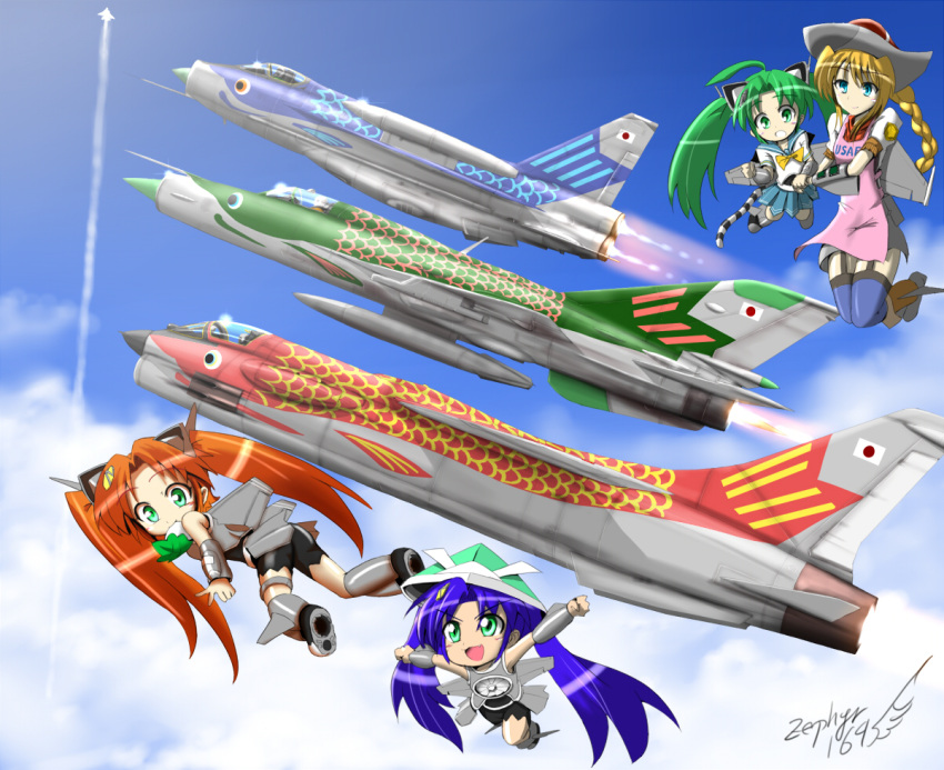 4girls, afterburner, ahoge, airplane, alternate_hair_color, artist_name, blonde_hair, blue_hair