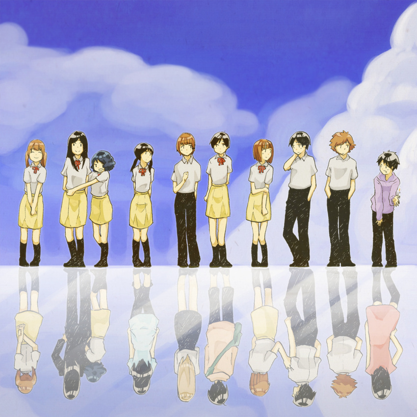 androgynous, black_hair, brown_hair, chiba_saori, cloud, crossdressinging, different_reflection, doi_shinpei, dual_persona, fumiya_ninomiya, highres, hourou_musuko, kneehighs, ninomiya_fumiya, nitori_maho, nitori_shuuichi, oka_takanori, reflection, reverse_trap, sarashina_chizuru, sasa_kanako, school_uniform, seya_riku, shirai_momoko, skirt, sky, takatsuki_yoshino, tomboy, trap