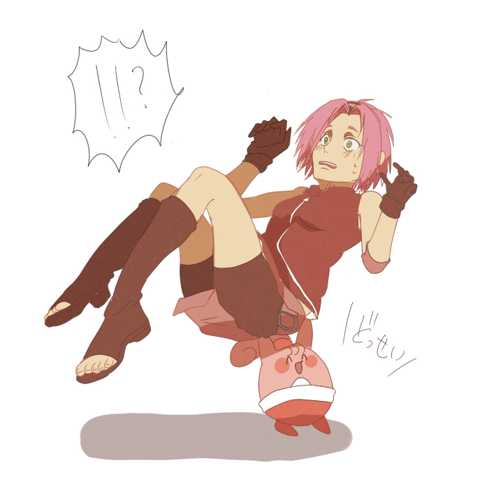 1girl, crossover, gamera-kanako, green_eyes, happiny, haruno_sakura, naruto, pink_hair