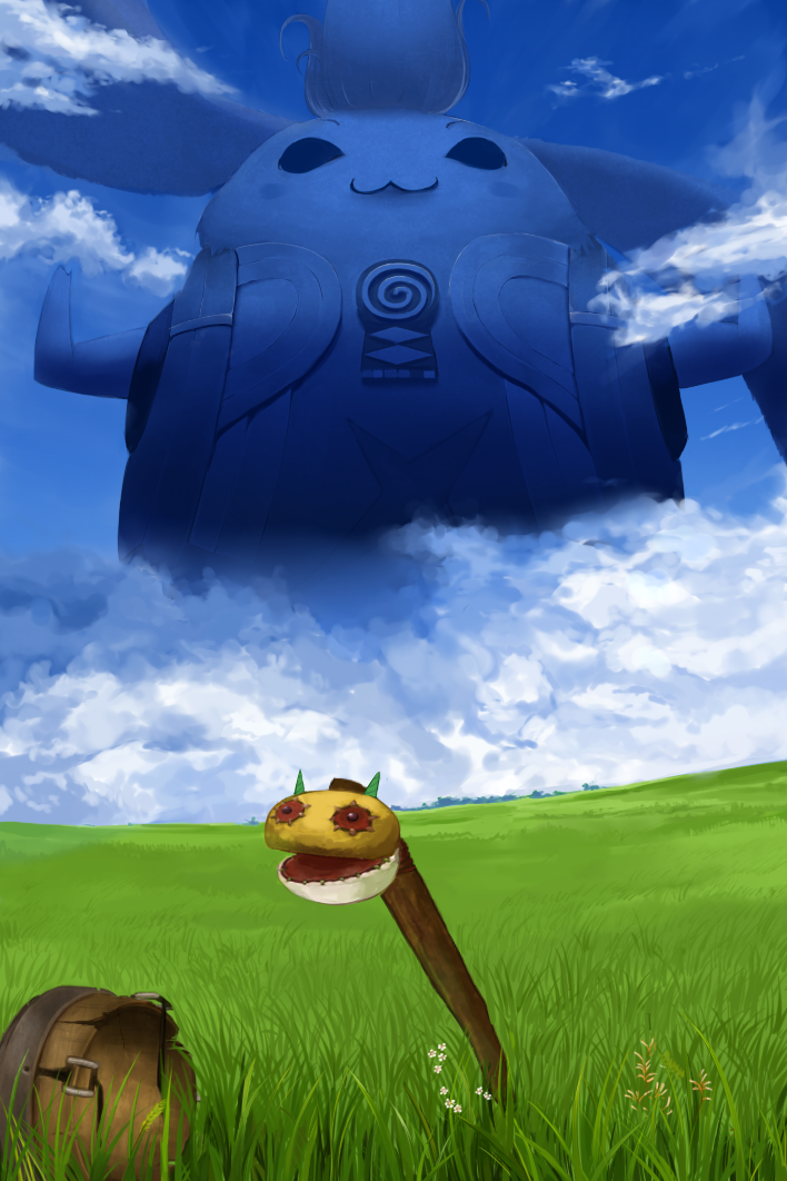 giant, grass, landscape, mikeneko28, no_humans, parody, riki_(xenoblade), sky