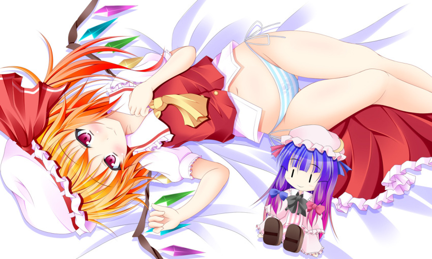 ascot, blonde_hair, blue_panties, blush, bow, capelet, character_doll, crescent