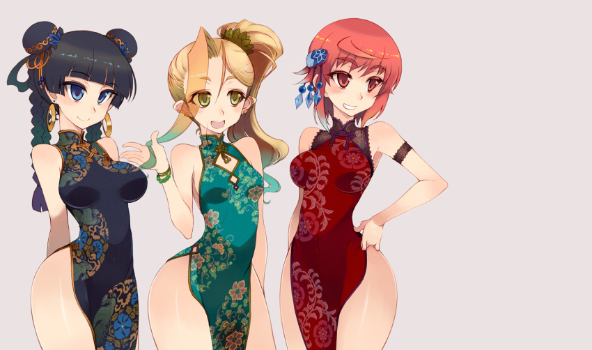 akari_(kagami_no_machi_no_kaguya), bare_shoulders, black_hair, blonde_hair, blue_eyes, braid, breasts, bun_cover