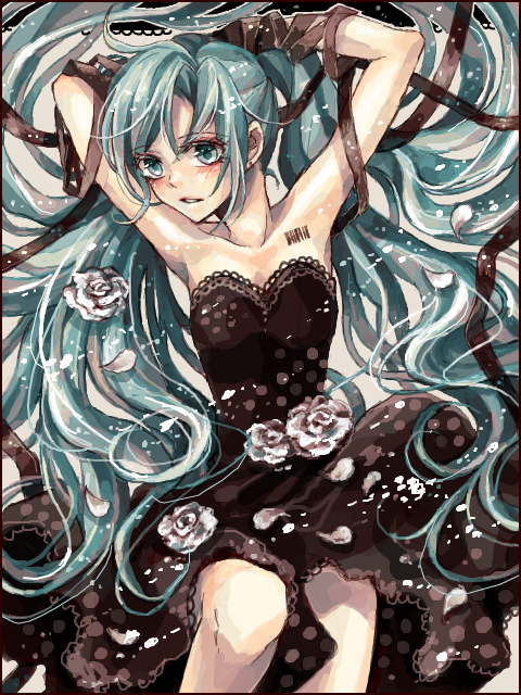 aqua_eyes, aqua_hair, armpits, arms_behind_head, barcode, blush, dress, flower