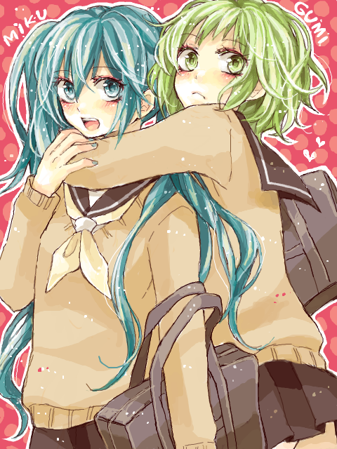 aqua_hair, bag, blush, green_eyes, green_hair, gumi, hatsune_miku, hug