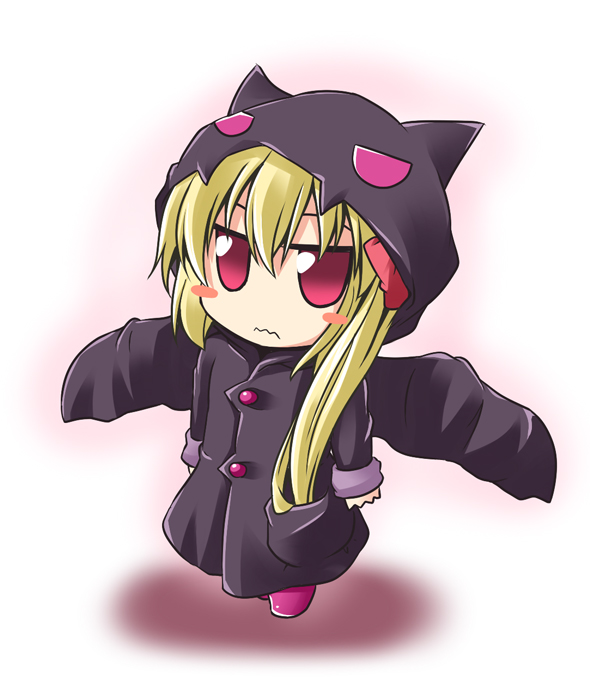 animal_hat, bat, bat_costume, blonde_hair, blush_stickers, coat, costume, flandre_scarlet