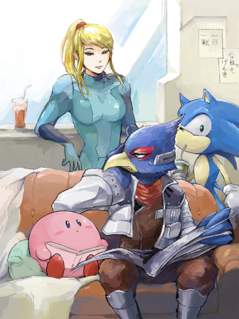 1girl, blonde_hair, book, couch, crossover, drinking, falco_lombardi, kirby