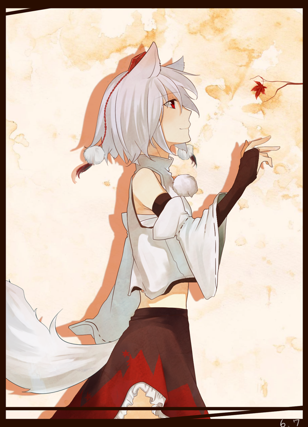 amazakesakumi1222, animal_ears, border, bridal_gauntlets, detached_sleeves, hat, inubashiri_momiji, leaf