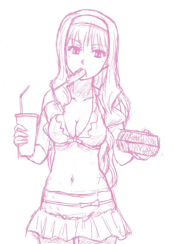 bikini, breasts, cleavage, eating, hairband, idolmaster, long_hair, midriff