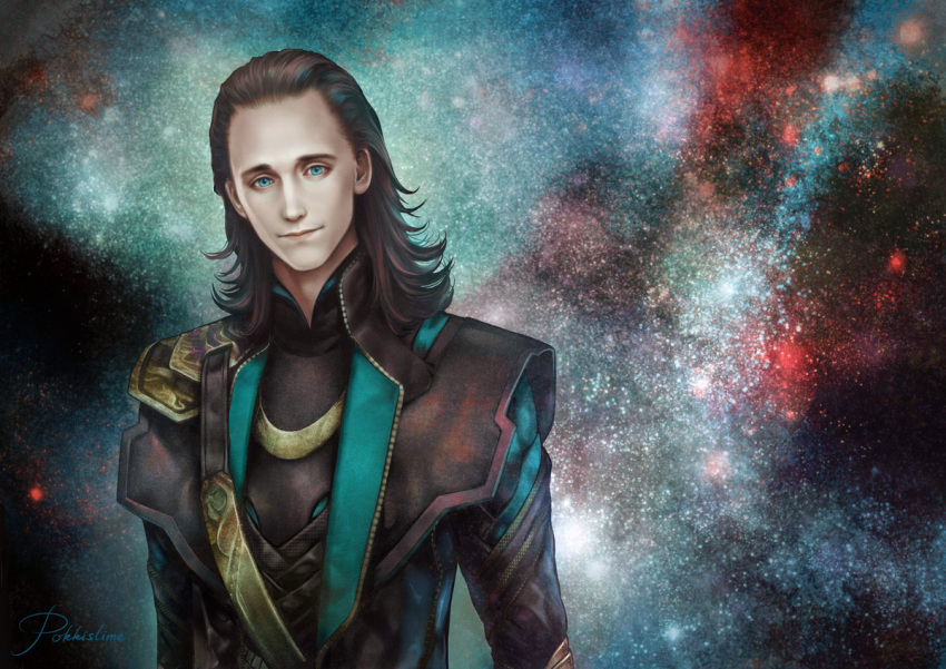 aqua_eyes, avengers, black_hair, curly_hair, green_eyes, hair_slicked_back, lijunyou, loki_(marvel)