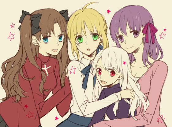 ahoge, blonde_hair, blue_eyes, brown_hair, fate/stay_night, fate_(series), green_eyes, hair_ribbon