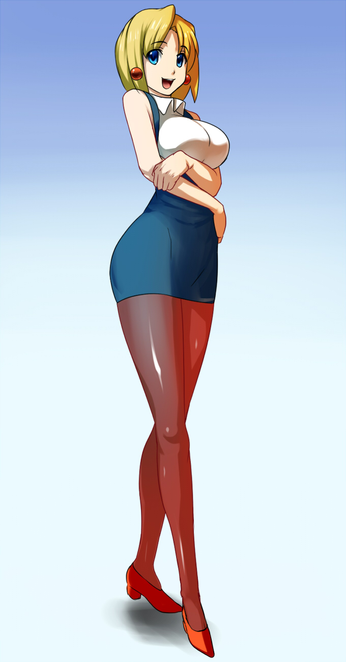 bare_shoulders, blonde_hair, blue_eyes, breast_hold, breasts, earrings, high_heels, highres