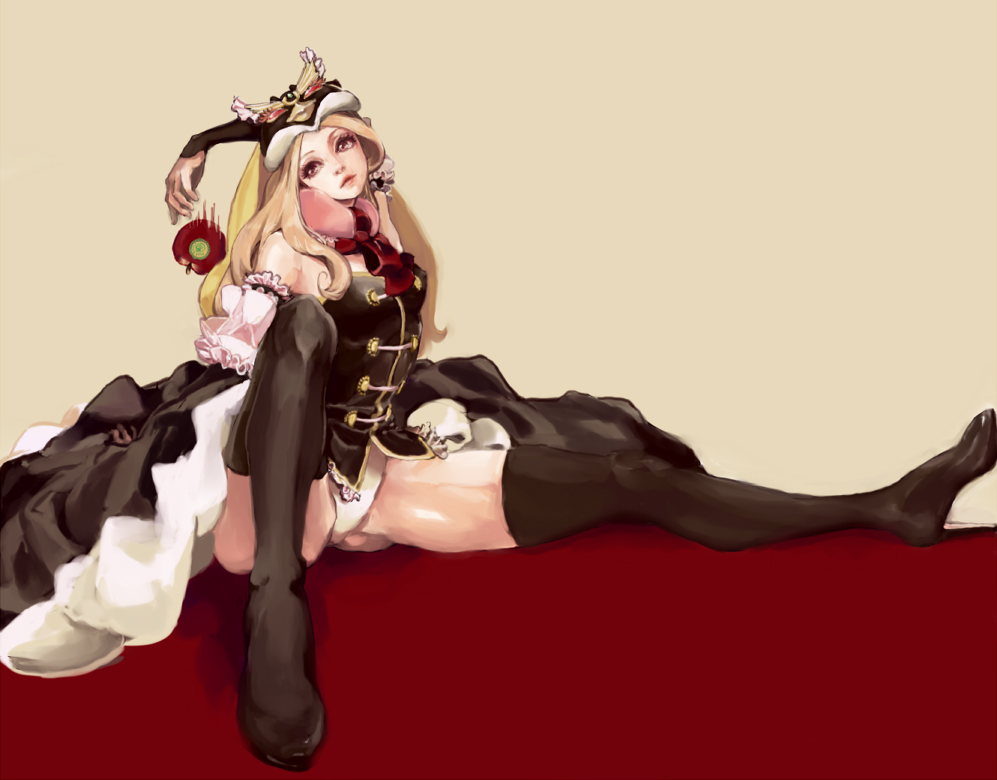 apple, bad_id, bare_shoulders, blonde_hair, dress, food, fruit, gloves