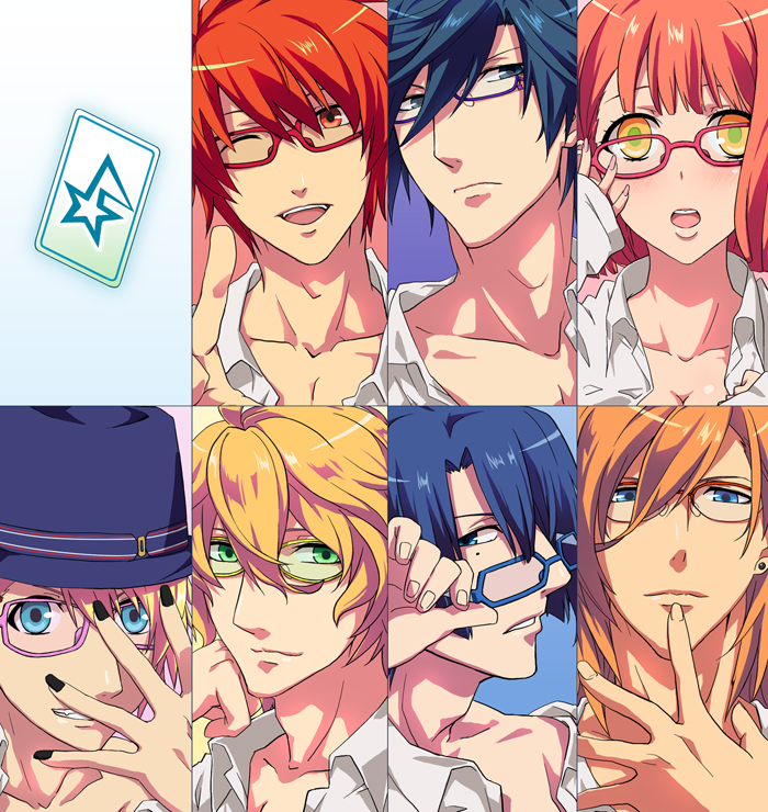 6+boys, ;d, bespectacled, black_hair, blonde_hair, blue_eyes, blue_hair, brown_hair