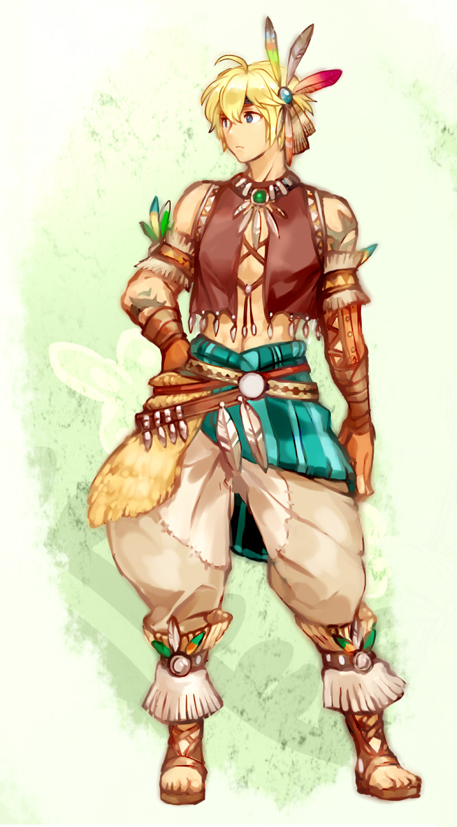 alternate_costume, armband, blonde_hair, blue_eyes, feathers, highres, maishi, male, sandals, short_hair, shulk, solo, tattoo, tribal, vest, xenoblade