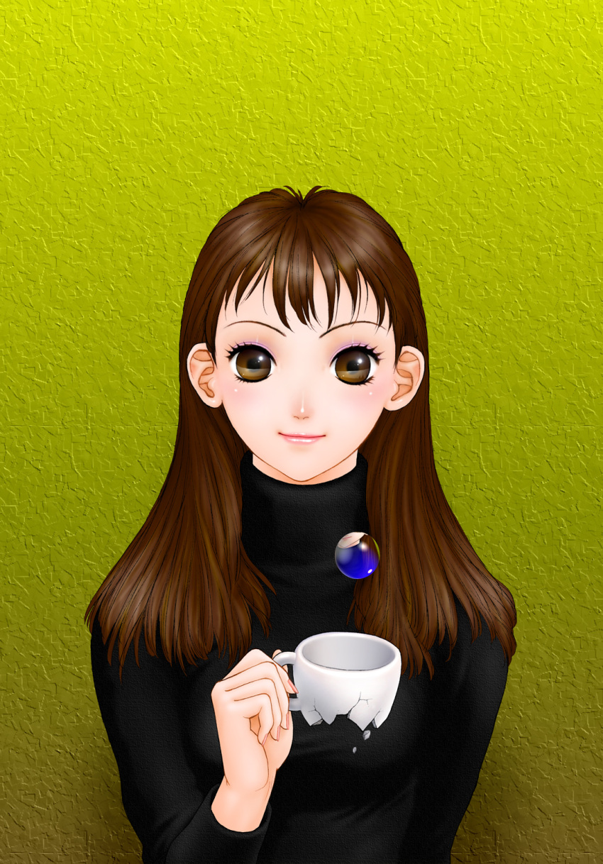 broken, brown_eyes, brown_hair, copyright_request, cup, eyeliner, highres, lips