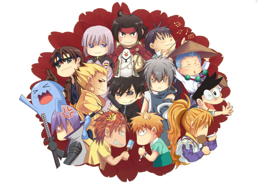 beelzebub_(manga), bird, character_request, chiaki_shin'ichi, chichiri, crossover, domon_kasshu, doraemon, fate/zero, fate_(series), fruits_basket, full_metal_panic!, fushigi_yuugi, g_gundam, gilgamesh, gundam, gundam_seed, hattori_(one_piece), honekawa_suneo, ishida_mitsunari, ishida_mitsunari_(sengoku_basara), llrr, musical_note, nodame_cantabile, one_piece, pigeon, pokemon, pokemon_(creature), sagara_sousuke, samurai_deeper_kyo, seiyuu_connection, seki_tomokazu, sengoku_basara, shinrei, sohma_kyo, souma_kyou, toujou_hidetora, wobbuffet, yzak_joule