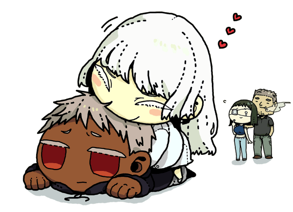 cigarette, dark_skin, eyepatch, heart, hug, hug_from_behind, johnathan_mar, jormungand