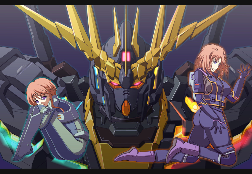 ass, boots, dual_persona, gundam, gundam_unicorn, highres, joy_(artist), kneeling