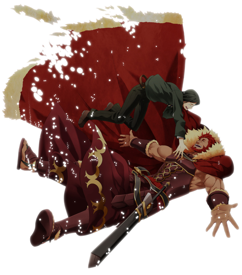 armor, beard, black_hair, bob_cut, boots, cape, closed_eyes, disappearing