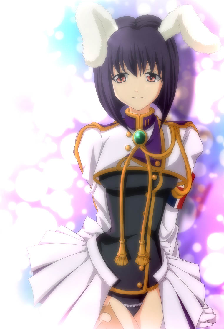 abstract_background, animal_ears, arms_behind_back, black_hair, bunny_ears, leotard, light_smile, long_sleeves