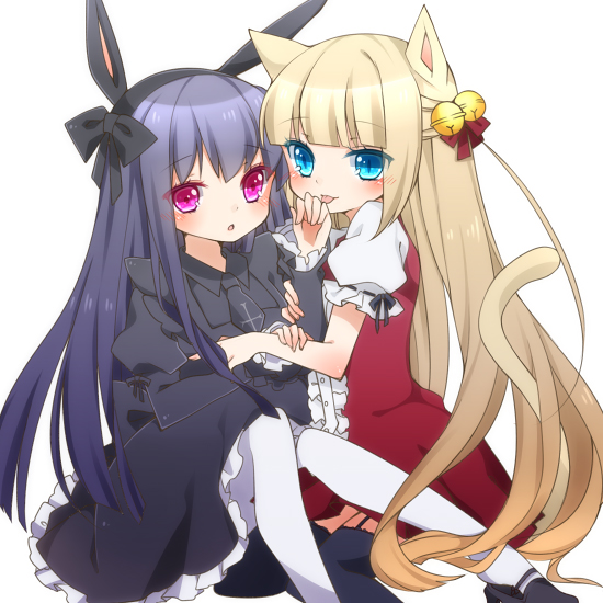 animal_ears, bell, blonde_hair, blue_eyes, blush, bunny_ears, cat_ears, cat_tail
