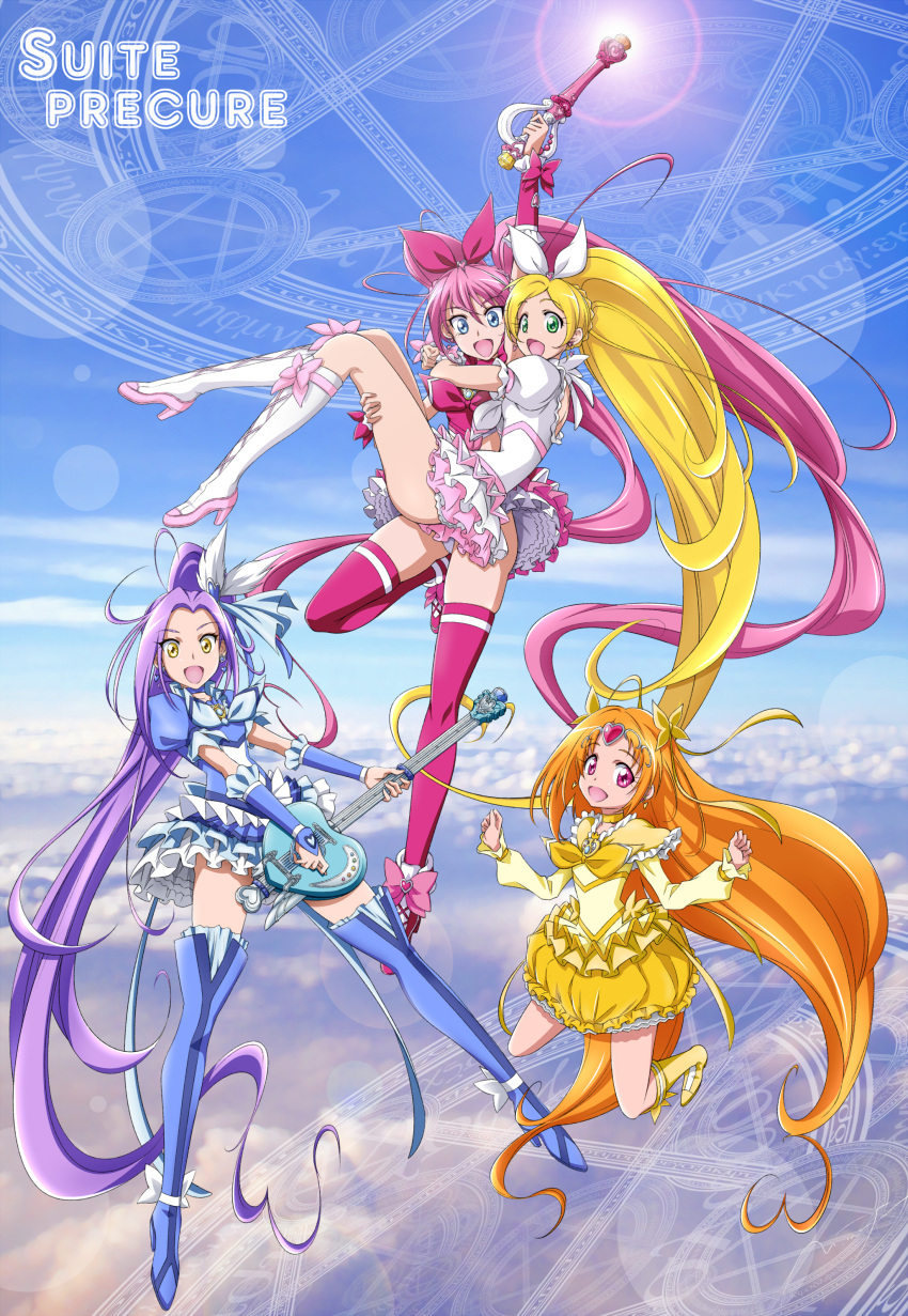 absurdres, blonde_hair, blue_eyes, boots, bubble_skirt, carrying, cloud, clouds