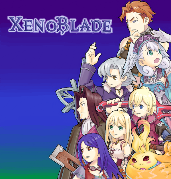 3girls, blonde_hair, blue_hair, brown_hair, dunban, fiorun, hasekura, head_wings, long_hair, melia, multiple_boys, multiple_girls, orange_hair, parody, rein_(xenoblade), riki_(xenoblade), shulk, soma_bringer, style_parody, sword, weapon, xenoblade