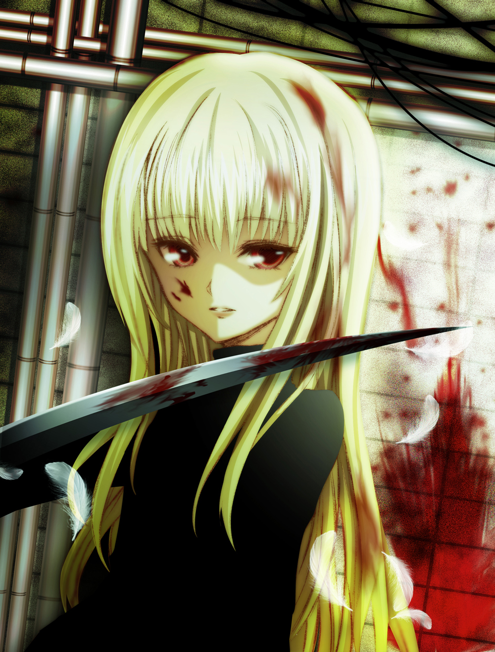 black_cat, blade, blonde_hair, blood, blood_on_face, child, eve, eve_(black_cat)