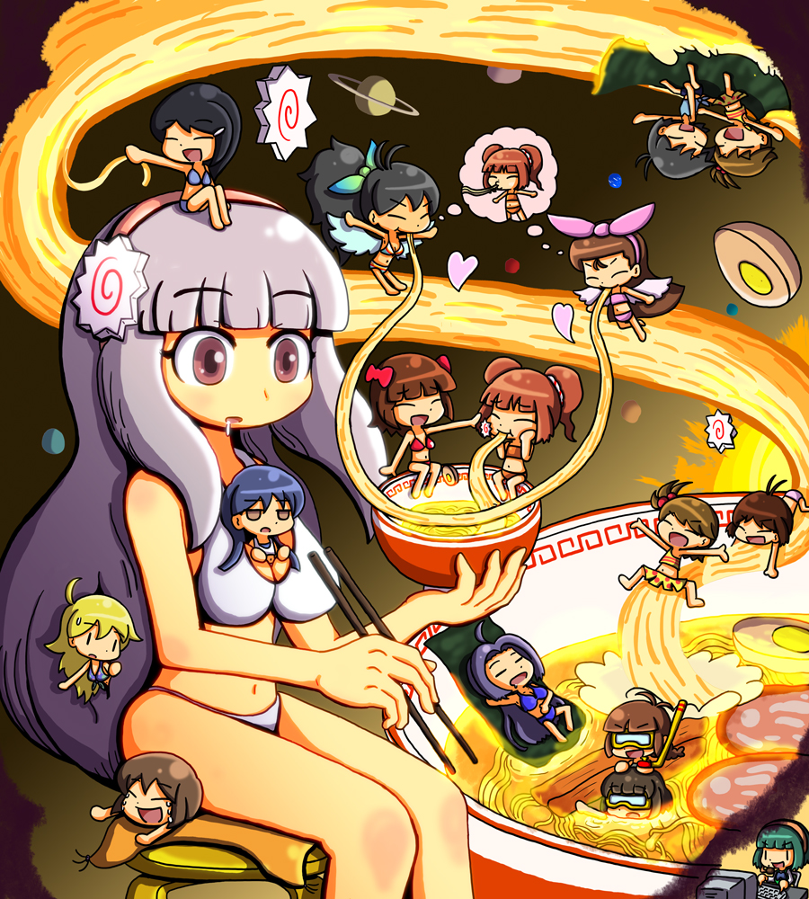akizuki_ryou, amami_haruka, bikini, chibi, chopsticks, eating, egg, food