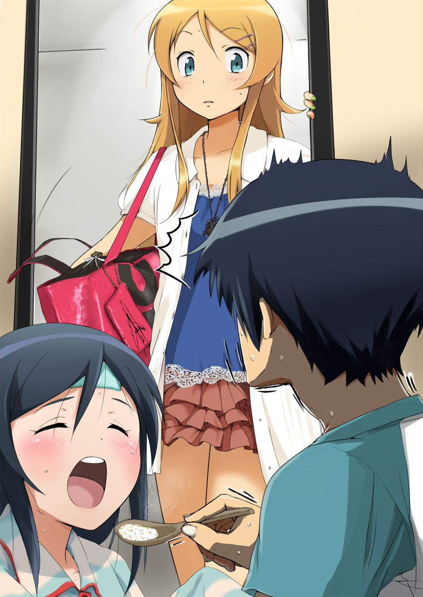 2girls, aqua_eyes, aragaki_ayase, black_hair, blush, brown_hair, closed_eyes, eyes_closed