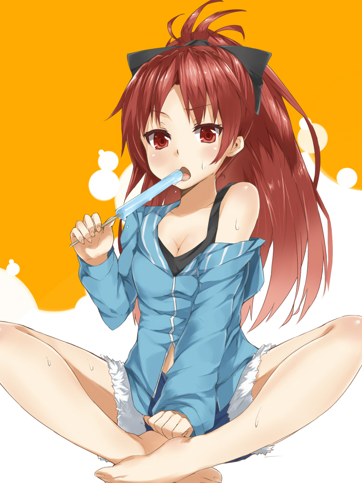 bare_legs, barefoot, bow, breasts, chemise, cleavage, feet, food