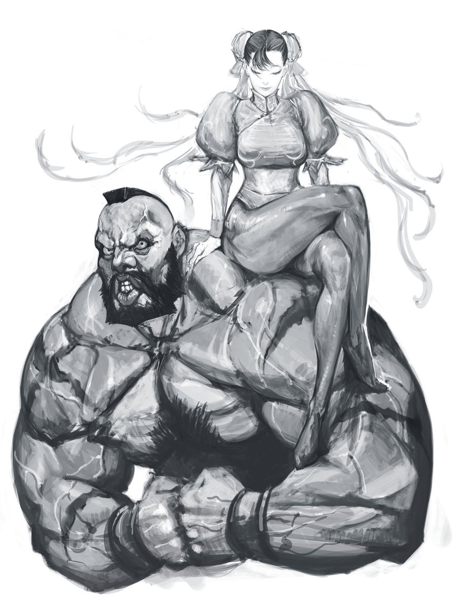 1girl, beard, bracelet, chest_hair, china_dress, chinese_clothes, chun-li, clenched_teeth