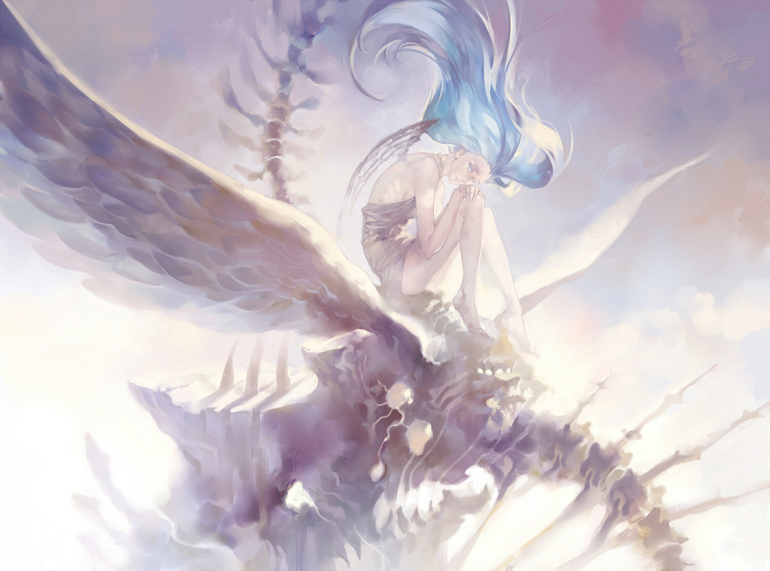 bare_shoulders, barefoot, blue_eyes, blue_hair, expressionless, feet, floating_hair, long_hair