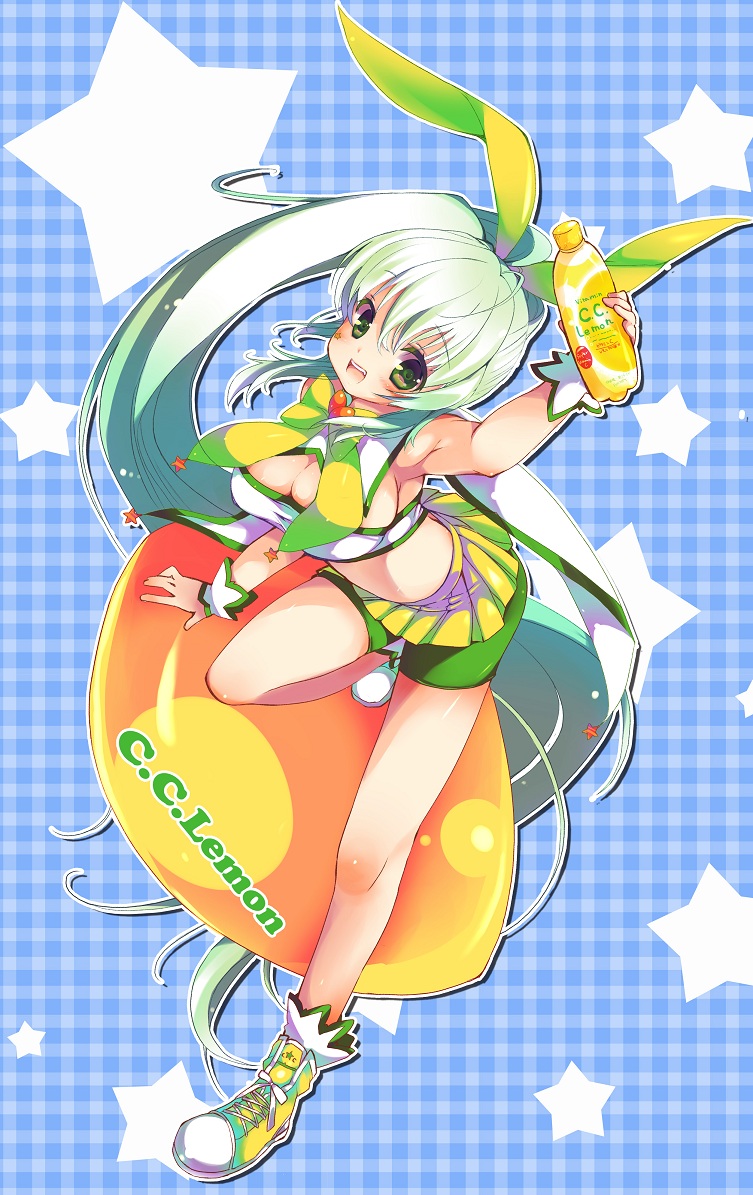 bike_shorts, bottle, breasts, c.c._lemon, c.c._lemon_(character), cleavage, food, fruit