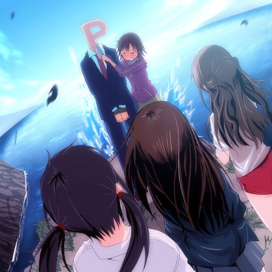 >_<, 4girls, bound_wrists, brown_hair, buruma, cardigan, character_request, cliff