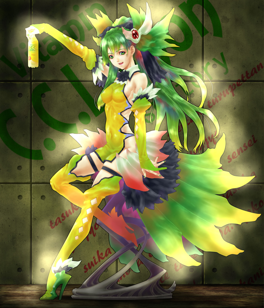 boots, bottle, c.c._lemon, c.c._lemon_(character), elbow_gloves, gloves, green_eyes, green_hair