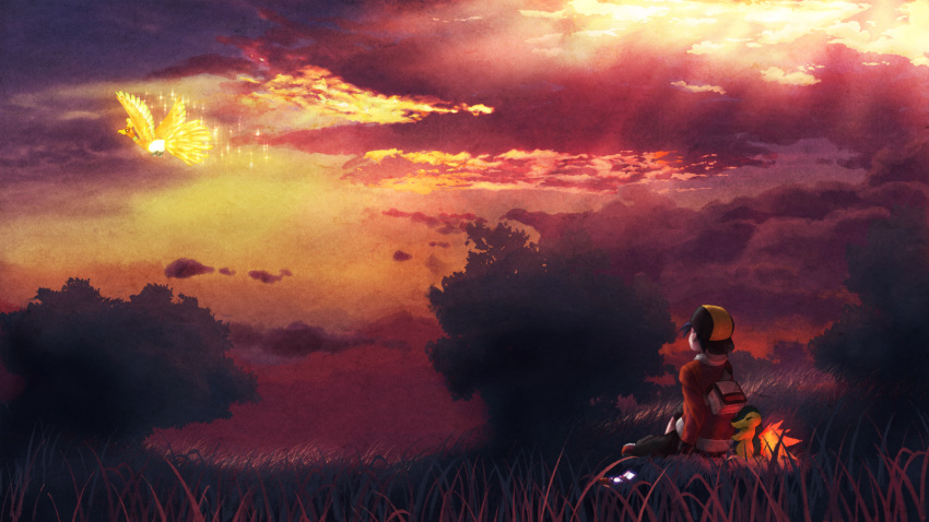 1boy, backwards_hat, bag, baseball_cap, bird, boy, cloud, clouds
