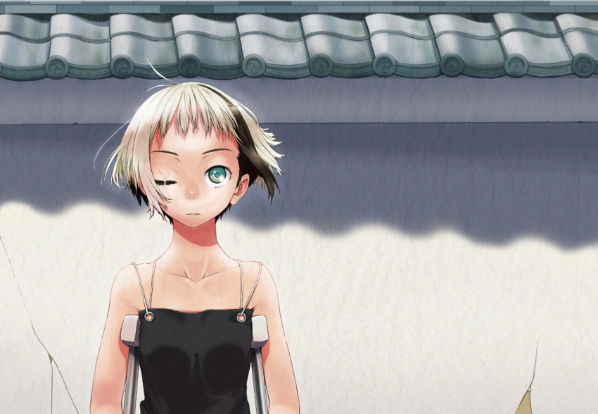 bikko, blue_eyes, crutches, multicolored_hair, one-eyed, one_eye_closed, original, romantic_fool