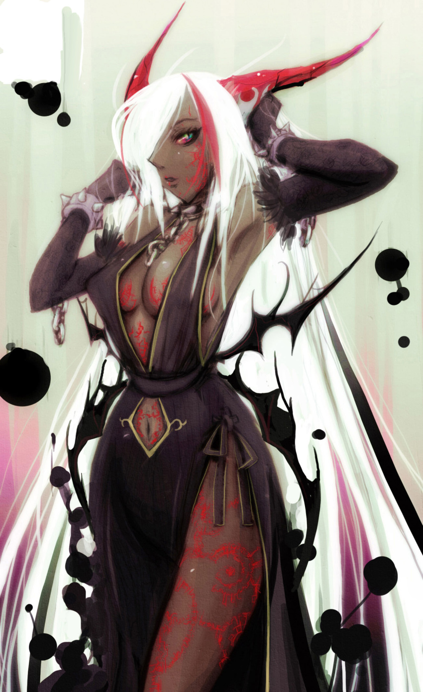 breasts, cleavage, dark_skin, demon_girl, devil, dress, funakura, hair_over_one_eye