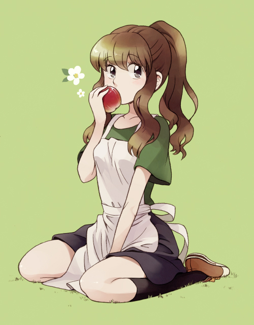 apple, apron, black_legwear, brown_eyes, brown_hair, dress, food, fruit