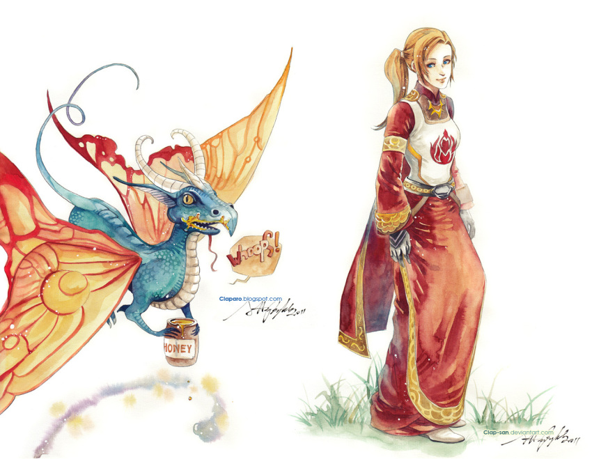 blue_eyes, brown_hair, cape, dragon, dungeons_and_dragons, fairy_dragon, fairy_wings, fantasy
