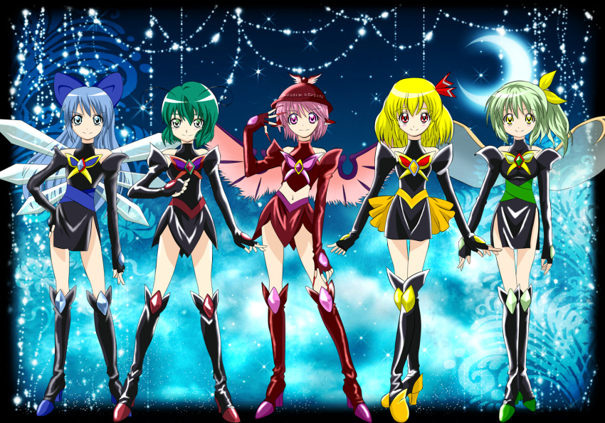 alternate_costume, alternate_hair_length, alternate_hairstyle, antennae, arm_up, bare_shoulders, bird_wings, blonde_hair
