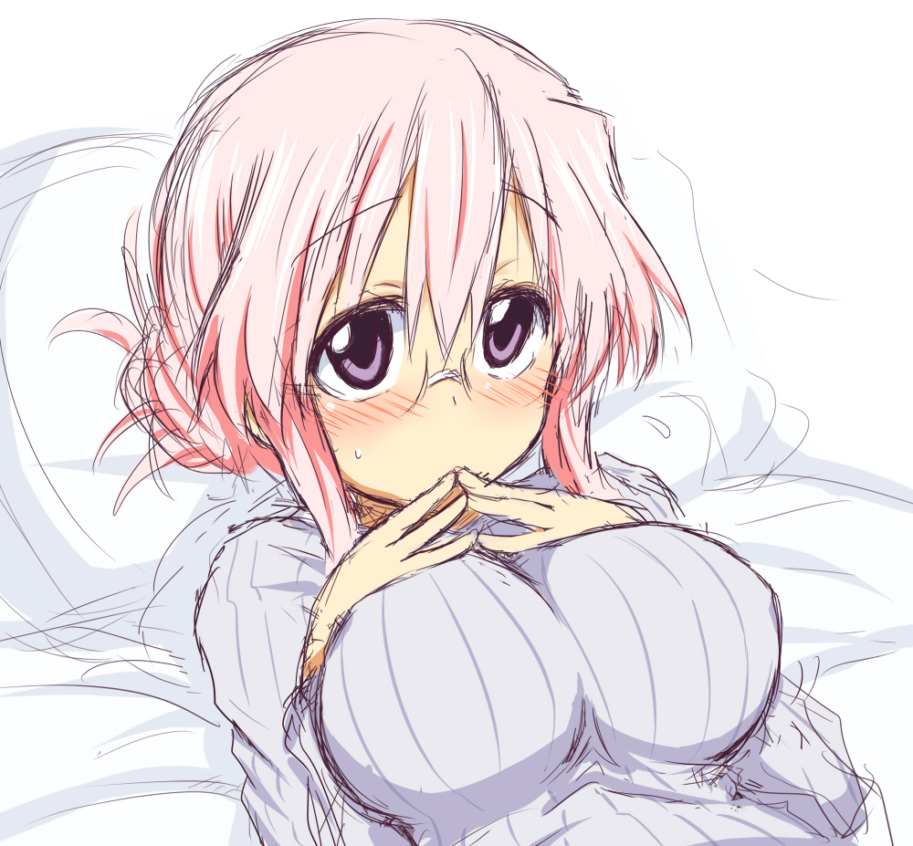 blush, breasts, glasses, impossible_clothes, impossible_sweater, large_breasts, lucky_star, lying
