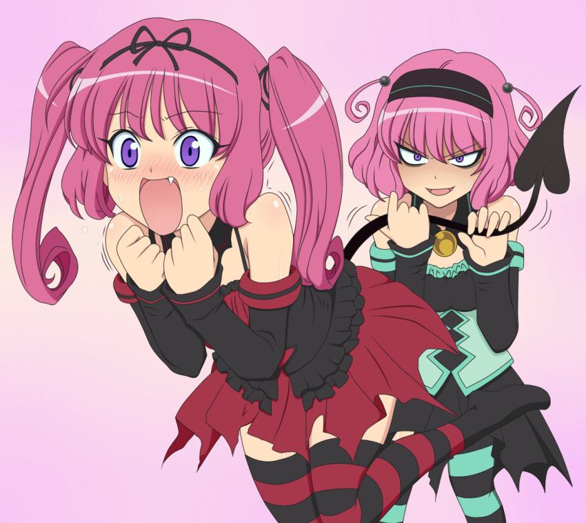 blush, colored, demon_tail, fang, fantastic_arousal, hairband, holding_own_tail, holding_tail